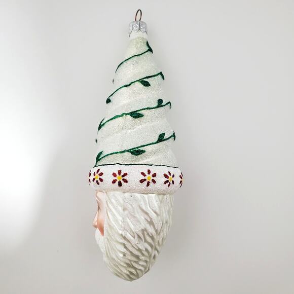 Glass Santa Ornament White w/Green Vine Red Yellow Flowers Winter - Picture 5 of 16